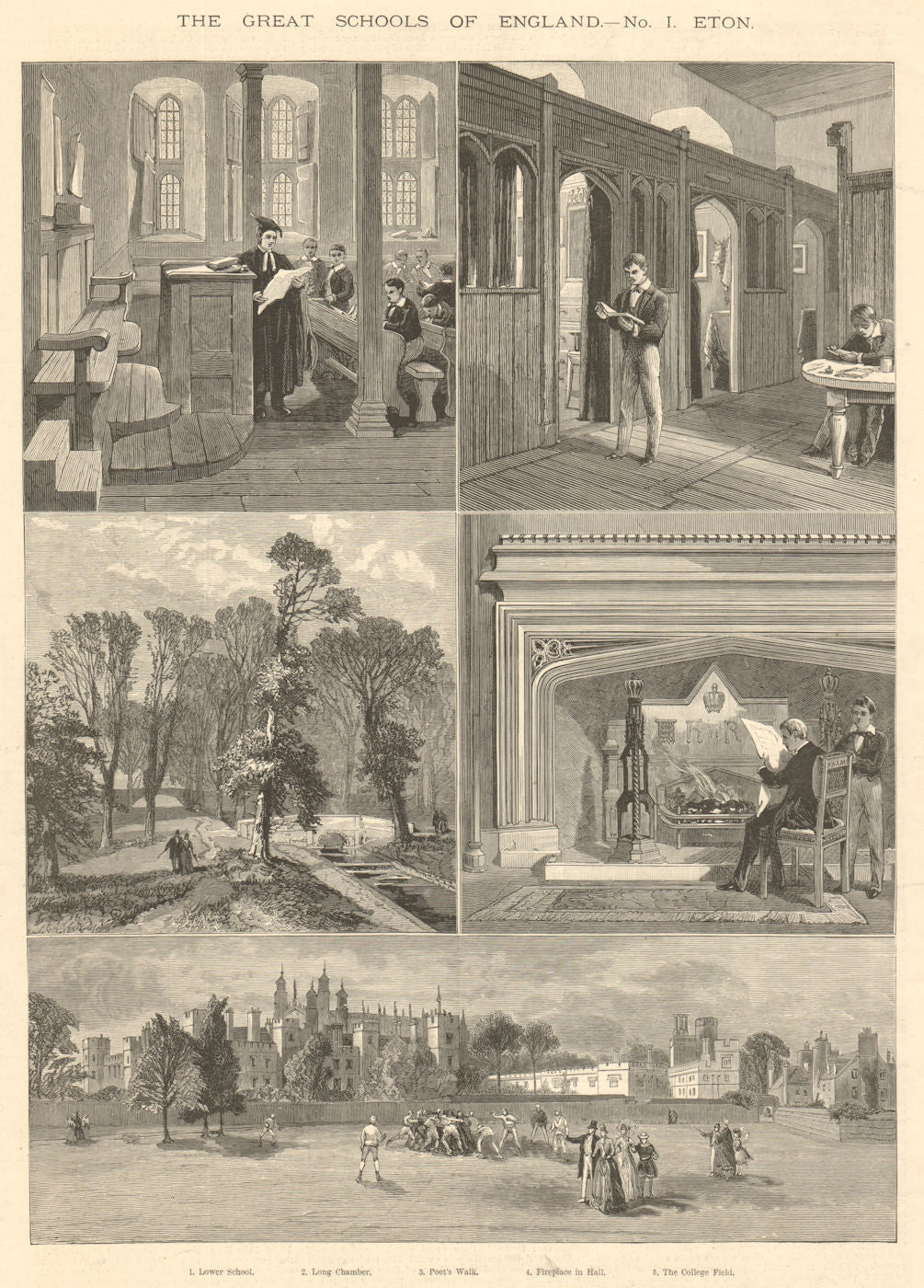 Eton College. Lower School. Long Chamber. Poet's Walk. College Field 1890